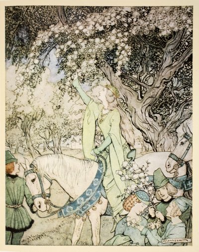 How Queen Guenever rode a-maying into the woods and fields beside Westminster, illustration from 